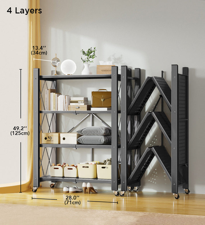 BENOSS Folding Metal Storage Shelves on Casters, Heavy-Duty White Wire  Rack, Rolling Foldable Storage Rack No Assembly, Movable Shelving Unit for
