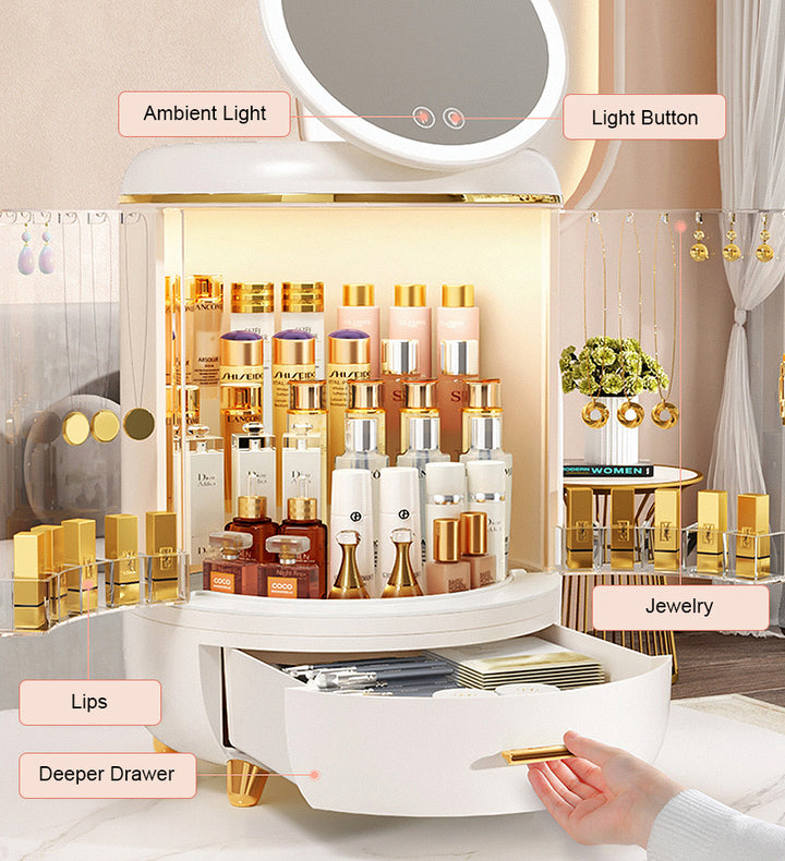 Large Round Cosmetic Makeup Organizer Storage Box with Light